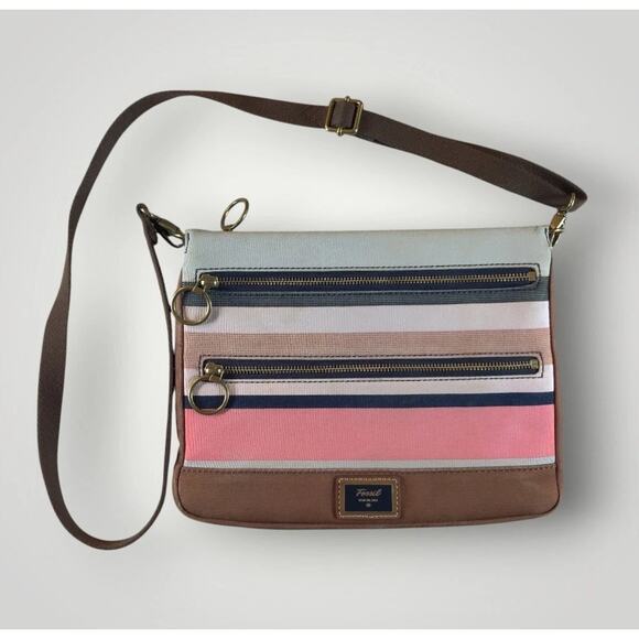 Fossil Handbags - Fossil Purse Pink Striped Canvas Messenger Crossbody Bag Pink Brown White